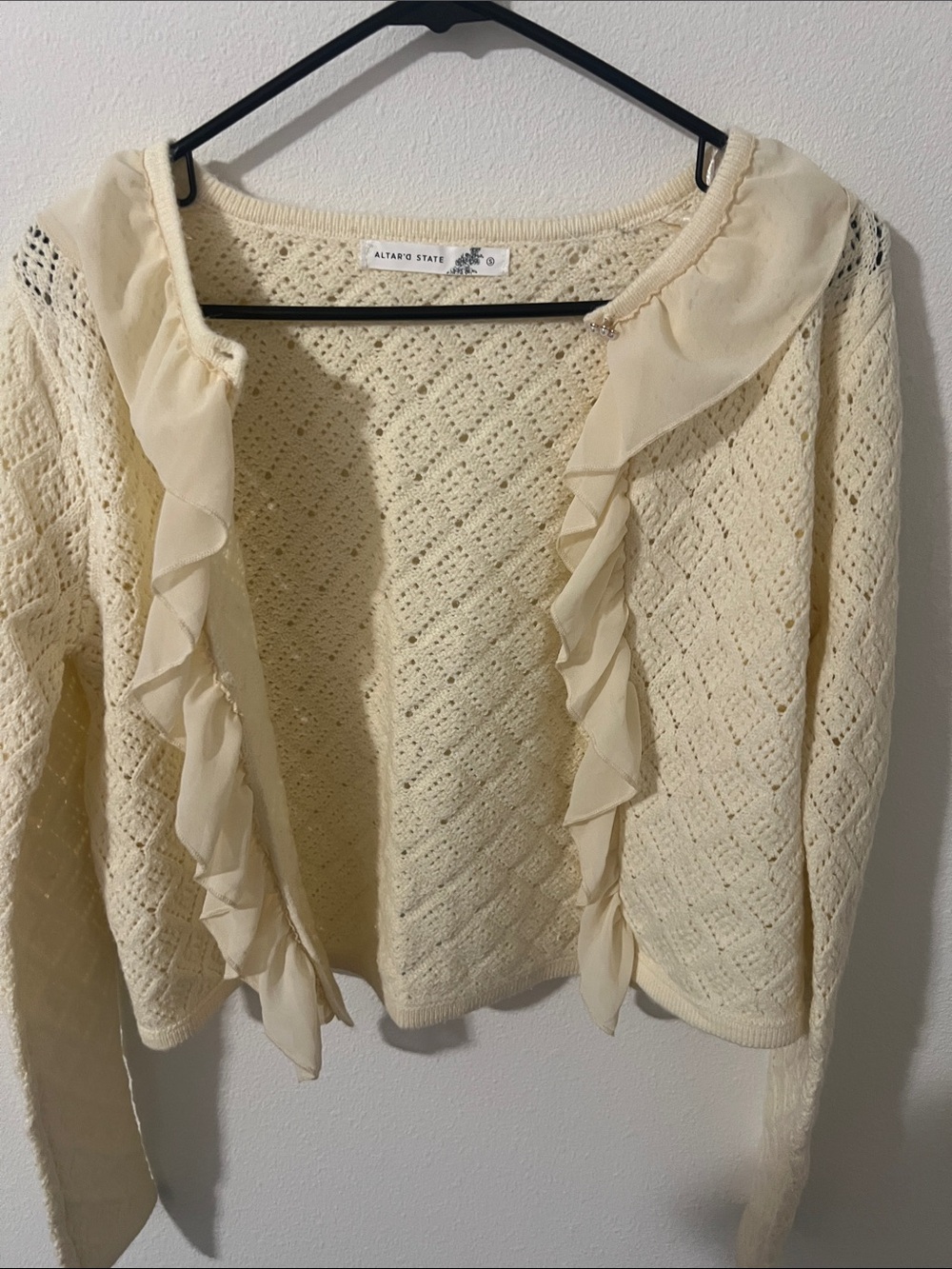 Altar'd State Cream Ruffle-Front Knit Top with Pearl Accent